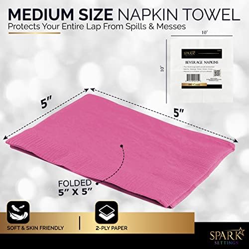 100 Pack Bright Pink Beverage Napkins, Big Party Pack, 2 Ply, Ideal for Wedding, Party, Birthday, Dinner, Lunch, Cocktails. (5” x 5”) by Amcrate