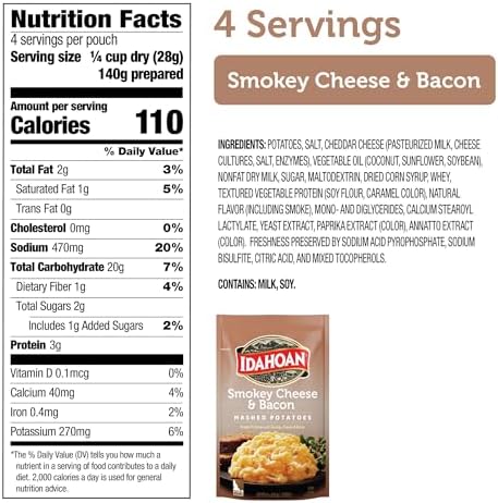 Idahoan Smoky Cheese & Bacon Mashed Potatoes, Naturally Gluten-Free, 100% Real Idaho Potatoes, 4 servings per bag, 4 ounce (Pack of 12)