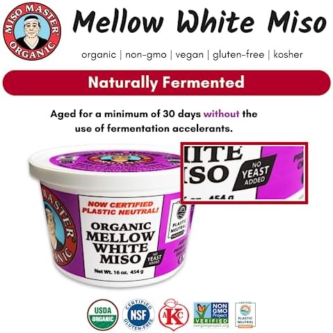 Miso Master Organic Mellow White Miso, Gluten-Free, Organic, Non-GMO, Vegan, Kosher, Vegan White Miso Paste, 16 oz tub