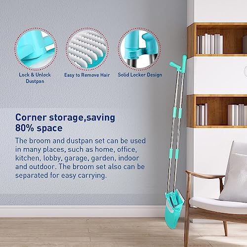 FGY Broom and Dustpan Set 48" Long Handle Broom and Collapsible Dust Pan Combo for Home Office Kitchen (Blue)
