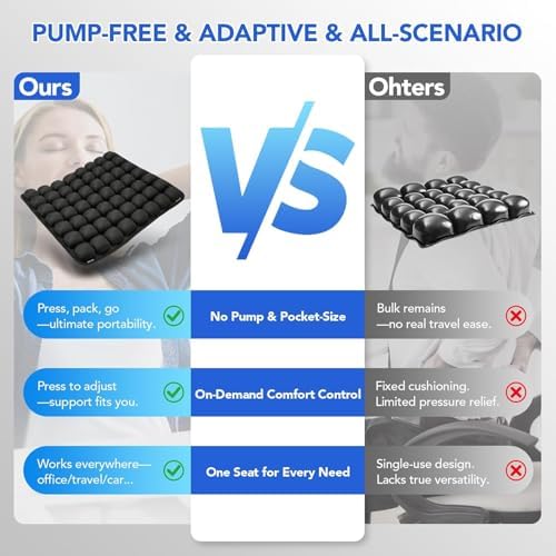 Inflatable Wheelchair Cushion for Pressure Relief - Self-Inflating Seat Pad for Mobility Scooter, Office Chair & Airplane Travel - Portable Cushion for Sciatica & Tailbone Pain Relief (No Pump Needed)
