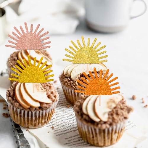 Rsstarxi 24 Pack Glitter Sun Cupcake Toppers Baby Shower Sunshine Party Cake Decorations Sunshine Cupcake Picks for Sun Theme Baby Shower First Birthday Party Decorations