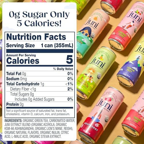 Juni Sparkling Adaptogen Drink with Ashwagandha, Lion’s Mane & Reishi Mushrooms | Green Tea for Focus, Zero Sugar, 5 Calories | Decaffeinated, Non Alcoholic Drinks – Variety Pack (12 Pack)