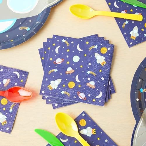 BLUE PANDA Rocket Ship Space Napkins - 5 x 5 in, 50-Count, 3-Ply Blue - Outer Space Party & Birthday Decorations - Kids Party Napkins