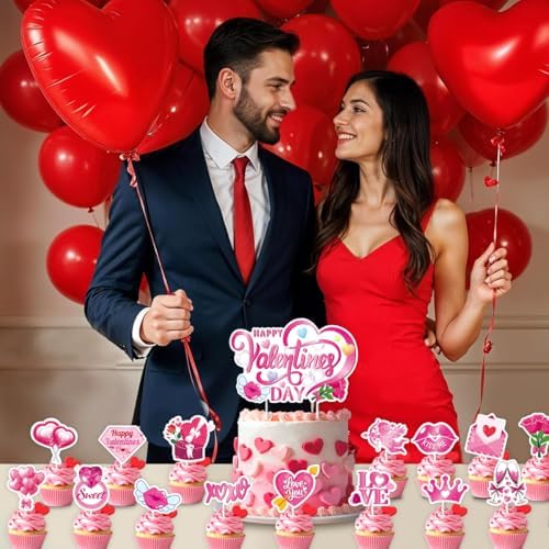 Happy Valentine's Day Cake Toppers 15Pcs Glitter Heart Cupcake Topper for Valentine's Day Wedding Anniversary Birthday Party Cake Decoration
