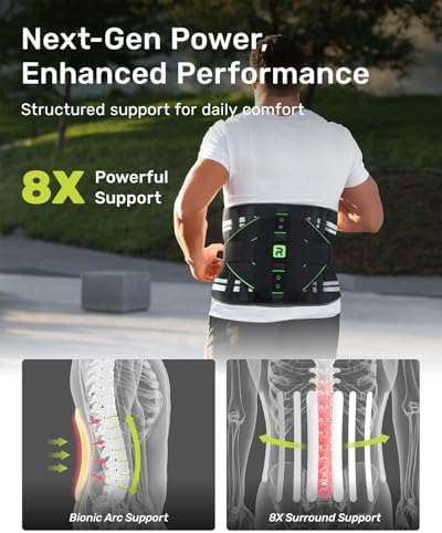 Rakiie Back Brace for Lower Back Pain Relief, 8 Stays Powerful Lumbar Support for Men Women, Back Support Belt with 3D Pad, Breathable Back Support Brace with Adjustable Strap for Herniated Disc, Sciatica, Green Size M