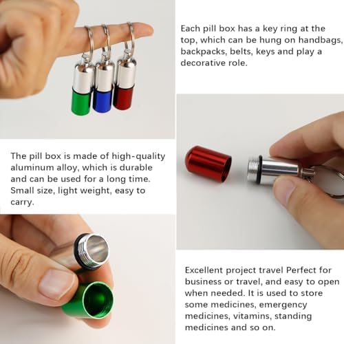 3Pcs Keychain Pill Case Portable Metal Medication Holder Aspirin Container Waterproof Mini Pill Box for Travel Outdoor (Red,Blue,Green)