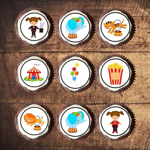Circus Edible Cupcake Toppers, Carnival Edible Cake Decorations, Movie Night Cake Toppers, Circus Theme Party Decorations, Theme no.2, 24 x 4cm / 1.5 Inch wafer Card Discs