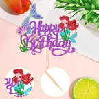 1 PCS Mermaid Happy Birthday Cake Topper - Glitter Ocean Starfish Seawood Seashells Tail Cake Decoration for Under the Sea Theme Baby Shower Birthday Party Supplies Purple