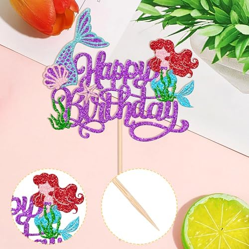 1 PCS Mermaid Happy Birthday Cake Topper - Glitter Ocean Starfish Seawood Seashells Tail Cake Decoration for Under the Sea Theme Baby Shower Birthday Party Supplies Purple