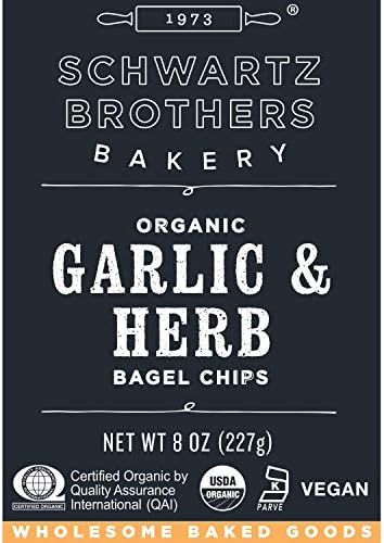 Garlic & Herb Bagel Chips NY Style Bagel Crisps. Organic, Vegan, Kosher. From the artisans of Schwartz Brothers Bakery. Baked Fresh. Twice Baked. 8 ounce container. Great Snack. Delicious. Pack of 4.