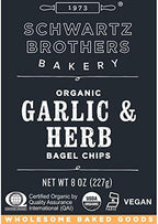 Garlic & Herb Bagel Chips NY Style Bagel Crisps. Organic, Vegan, Kosher. From the artisans of Schwartz Brothers Bakery. Baked Fresh. Twice Baked. 8 ounce container. Great Snack. Delicious. Pack of 4.