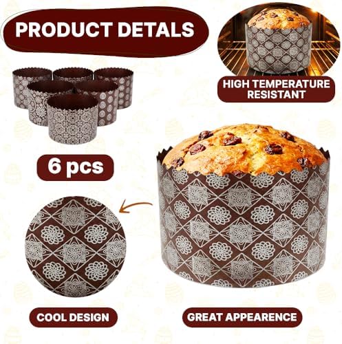Panettone Paper Baking Mold 6pcs 25oz Large Paska Kulich Easter Bread Cake Cups Forms Disposable Round Paper Baking Cups Forms Pan Panettone Panetone Moulds Bakeware 5.9 x 3.9 Inch (15cm x10cm)