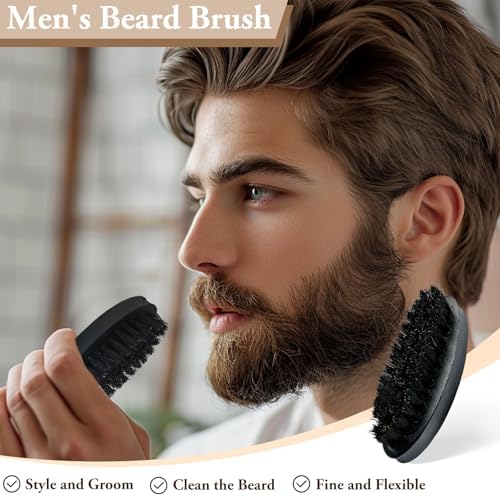 Men's Solid Wood Beard Brush, Boar Bristle Mustache Brush for Men, Military Style