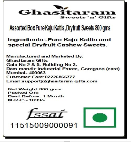 Ghasitaram Gifts Diwali Gifts Diwali Sweet - Assorted Box Pure Kaju Katlis, Dryfruit Sweets 800 GMS