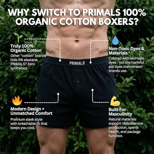 PRIMALS 100% Organic Cotton Boxers - Improves Testosterone & Fertility - Soft & Breathable - Midnight Black (3 Pack)