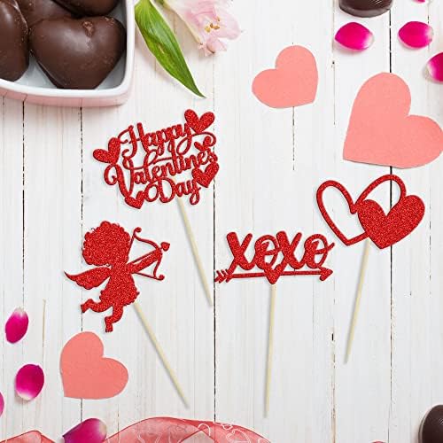 24Pcs Happy Valentine's Day Cupcake Toppers Red Glitter XOXO Cupid Sweet Love Cupcake Food Picks Valentine's Day Theme Wedding Bridal Shower Birthday Party Cake Decorations Supplies