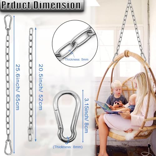2 Pack Hanging Swing Chain with 4 Carabiners 25in, 660LB Capacity Heavy Duty Hammock Hardware Kit for Punching Bags, Swing Chairs, Indoor & Outdoor Gym (Silver)