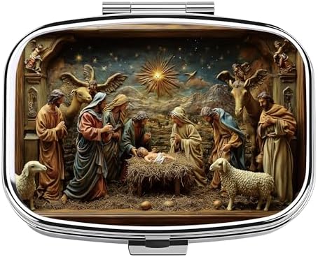 Chic Nativity Scene-Compartment Metal Pill Box – Compact and Stylish Medication Organizer, Food-Safe, Portable for Wallet or Pocket, Perfect for Vitamins and Supplements