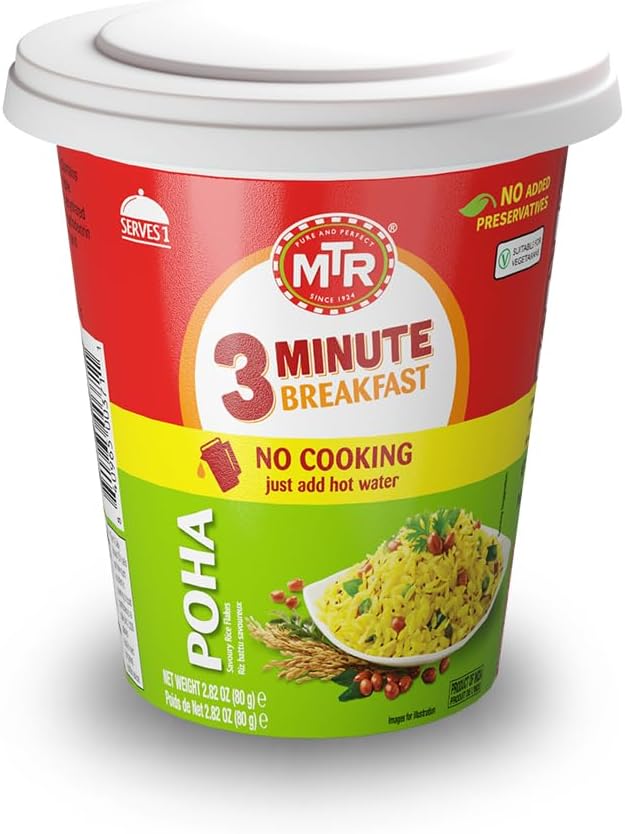 MTR 3minute Poha - Ready-to-Cook Mix - Authentic Indian Food in Just 3 Minutes - 100% Vegetarian - No Added Preservatives - Just Add Hot Water - Quick & Easy ((Regular Poha Cuppa - 80g, Pack of 6)