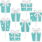 Teal Blue Gift Box Cupcake Toppers Glitter Birthday Party Decorations 24PCS Gift Boxes Bow Baby Bride Shower Cupcake Picks for Princess Theme Baby Shower Bridal Shower Supplies
