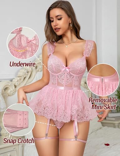 Mixxmix Women Lingerie Set Naughty Lace Bodysuit Underwire Babydoll with Garter Corset rave outfits