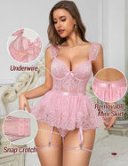 Mixxmix Women Lingerie Set Naughty Lace Bodysuit Underwire Babydoll with Garter Corset rave outfits