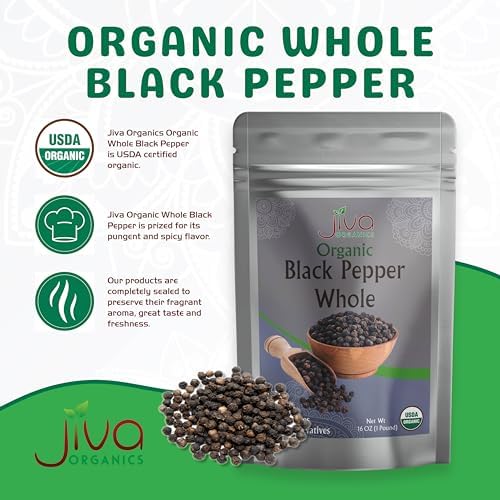 Jiva Organics Organic Whole Black Peppercorns 1 Pound - Pepper, Premium Grade for Grinder Refill