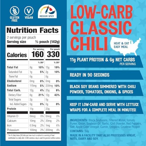 The Good Bean Heat and Eat Pouch - Low-Carb Classic Chili - (4 Pack) 10 oz Pouch - Simmered Black Soybeans with Chili Powder - Pre-Cooked Beans with Good Source of Plant Protein and Fiber