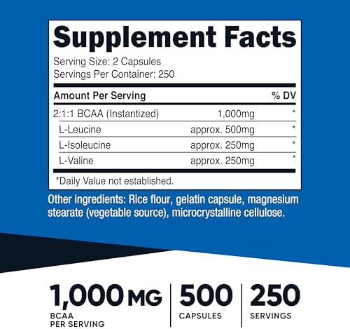 Nutricost BCAA 1000mg, 500 Capsules (250 Serv), 2:1:1 Branched Chain Amino Acids (500mg of L-Leucine, 250mg of L-Isoleucine and L-Valine)