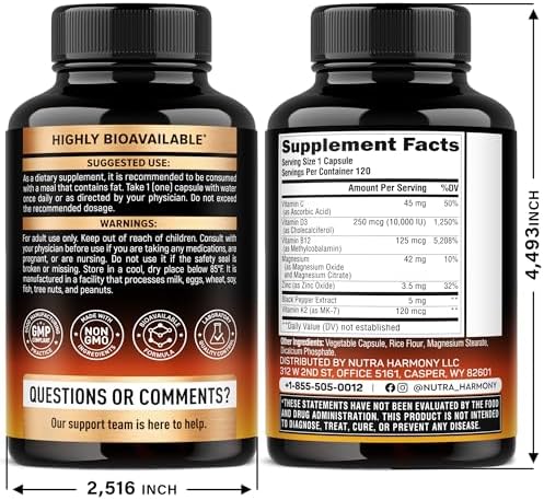 Vitamin D3 K2 - Vitamin D3 10000 iu & K2 as MK-7 120 mcg - Immune & Mood Support, for Bone & Teeth Health - with Magnesium, Zinc & Vitamin C & B12 - Highly Bioavailable - Made in USA, 120 Capsules