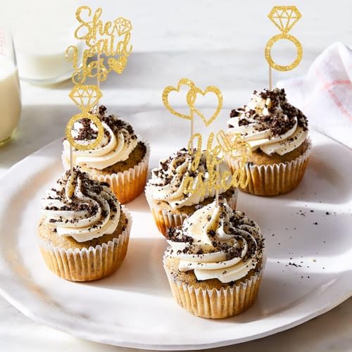 BEISHIDA He Asked She Said Yes Cupcake Toppers, 24 Pcs Engagement Cupcake Toppers Glitter Diamond Ring Heart Cupcake Picks for Wedding Engagement Bridal Shower Party Cake Decorations(Gold)