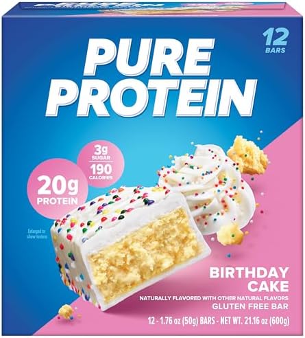 Pure Protein Birthday Cake Protein Bars – 20g Protein, 3g Sugar, 190 Calories (12 count) Low Sugar* High Protein Snack - Gluten Free - Perfect for a Healthy Snack