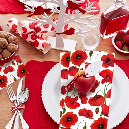 40PCS Poppy Floral Paper Napkins Flowers Paper Napkins Disposable Red Poppy Floral Guest Napkin Decorative Hand Napkin for Poppies Party Supplies, Dinner, Wedding, Birthday, Garden Party, 4.5" x 8"