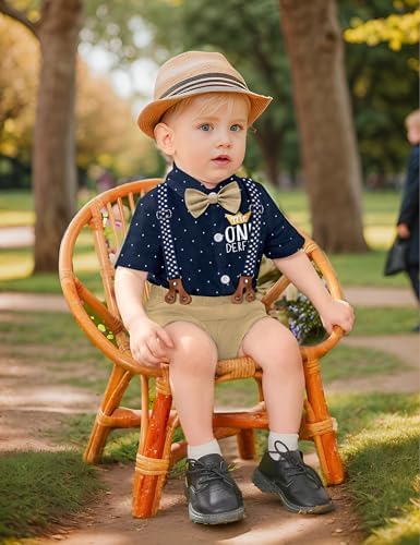 DONWEN Baby Boy First Birthday Outfit Mr Onederful Bowtie Romper + Suspender Shorts+ Party Hat Cake Smash Outfits