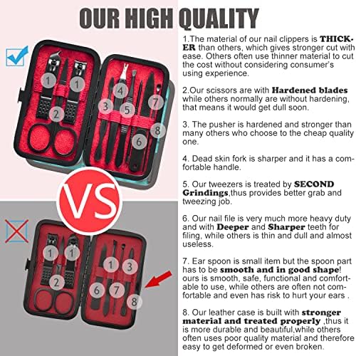 HANTEKAS Manicure Set 9 in 1 Stainless Steel, Nail Clippers Scissors Pedicure Tools Kit - Portable Travel Grooming Kit for Men and Women with Black/Red Leather Case (Red)