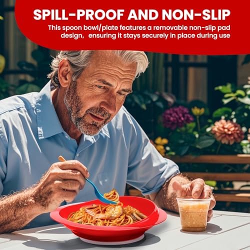 Spill Proof Scoop Plate and Bowl with Non-Skid Suction Base, Adaptive Self-Feeding Dinnerware for Elderly and Disabled(Red)