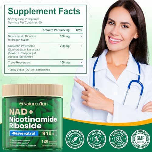 NAD Supplement - NAD+ Nicotinamide Riboside 910 Mg Supplement for Women & Men, Liposomal Nicotinamide Riboside with Resveratrol, for Focus, Boost - 120 Capsules (120 Count (Pack of 1))