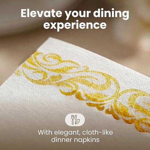 JEBBLAS 50 Disposable Hand Towels, Soft and Absorbent Linen Feel Dinner Napkin, Decorative Napkins for Parties, Weddings, Events or Everyday, Gold and White