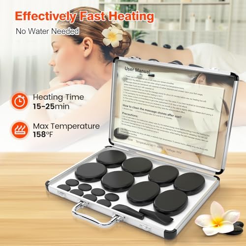 Portable Massage Stone Warmer, 18pcs Basalt Hot Stone Massage Set, Electric Rock Heater Kit, Dry Heating Box for SPA Center, Beauty Salon, Travel & Home Use, Healing, Relaxing & Pain Relief