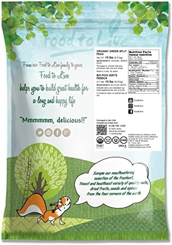 Food to Live Organic Green Split Peas, 15 Pounds Non-GMO, Dried, Vegan, Kosher, Bulk. Easy to Cook. Great Source of Protein, Fiber, Essential Minerals for Pea Soup, Stews, Salads. Product of Canada.