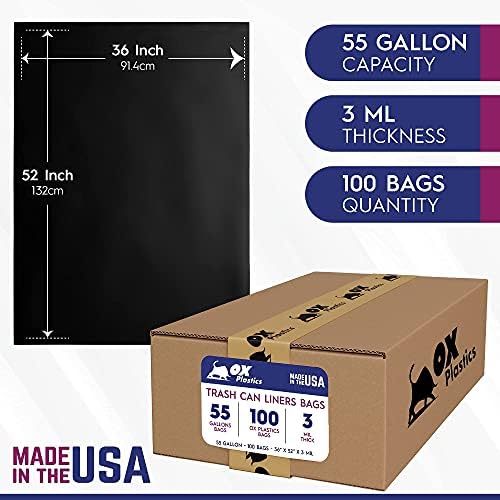 55 Gallon Trash Bags Heavy Duty – Large Black Contractor Bags 36x52" – Industrial, Yard Waste, Lawn & Leaf, Construction Garbage Can Liners – Made in USA (3 Mil, 100 Count)