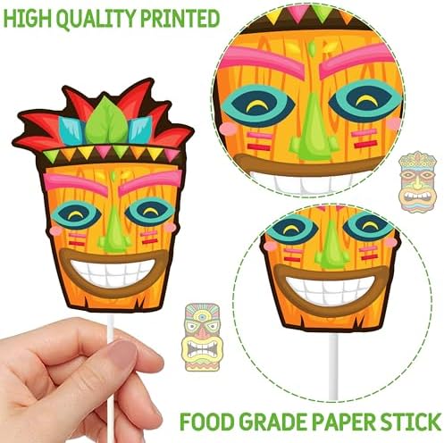 24pcs Hawaii Tiki Cupcake Toppers Hawaiian Luau Birthday Party Decorations Hawaiian Aloha Cake Cupcake Decorations for Hawaii Summer Theme Birthday Party Baby Shower Supplies