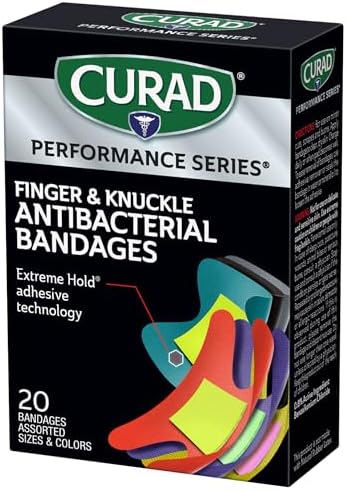 Curad Performance Series Fingertip and Knuckle Antibacterial Bandages, Extreme Hold Adhesive Technology, Fabric Bandages, 20 Count