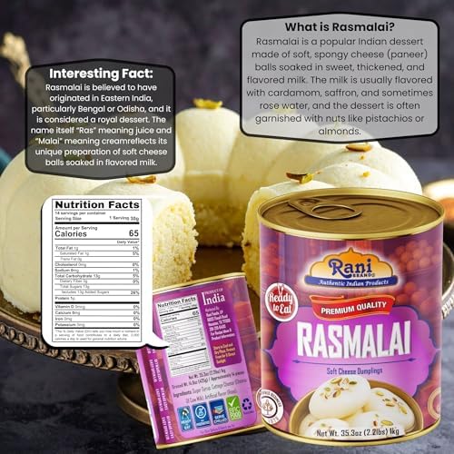 Rani Rasmalai (Soft Cheese Dumplings) 35.3oz (2.2lbs) 1kg, Approximately 14 pieces, Easy Open Lid ~ Ready to eat | Gluten Free | Non-GMO | Kosher | Indian Origin