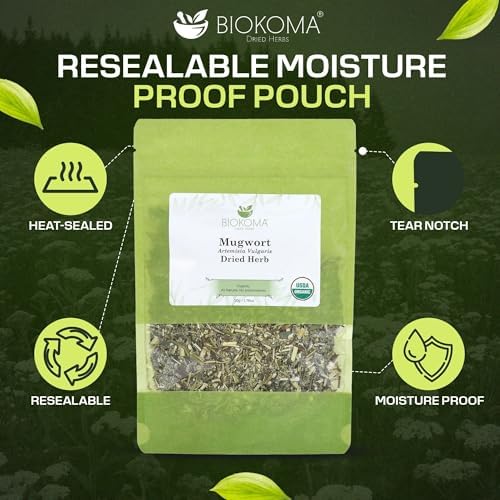 Biokoma Organic Mugwort Dried Herb 50g 1.76oz Artemisia vulgaris USDA Organic Herbal Tea Premium Cut Aromatic Leaves Lucid Dreaming Bath Resealable Pouch No Additives No Preservatives No GMO Kosher