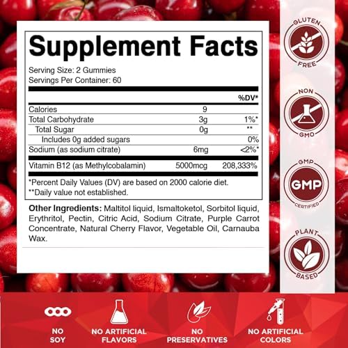 Vitamatic Extra Strength Vitamin B12 5000 mcg (Methyl B12) Gummies - 120 Count - Energy Metabolism Support and Nervous System Health Support, Natural Cherry Flavored (1)
