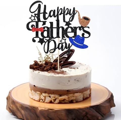 Fathers Day Cake Toppers,Black Glitter Happy Father'S Day Theme Party Supplies,Blue Hat Red tie Brown pipe dad Birthday Party Cake Supplies