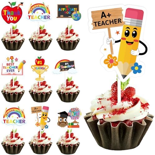 WorldBazaar Teacher Appreciation Cupcake Toppers 24 PCS Thank You Cupcake Toppers Teacher Appreciation Graduation Birthday Party Decorations