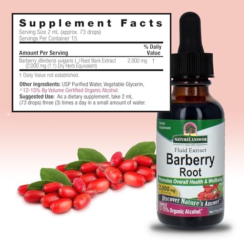 Nature's Answer Barberries Dried Organic Barberry Root 1 Ounce - Barberry Supplements with Berberine, Organic Low Alcohol, Gluten Free, Kosher, Fluid Extract - Immune & Digestive Support